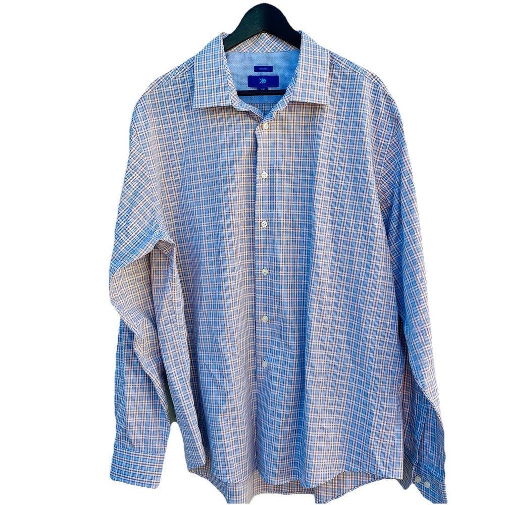 Egara Mens Blue Tan Plaid Non-Iron 100% Cotton Long Sleeve Button Down Shirt XXL